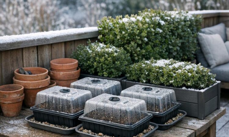 Kall uteplats: kallsådd ute på vintern för altan, balkong och trädgård