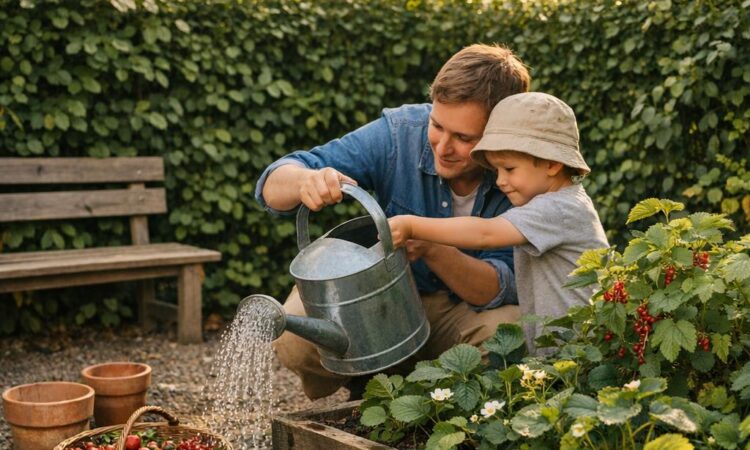 Minnen med barn i trädgården